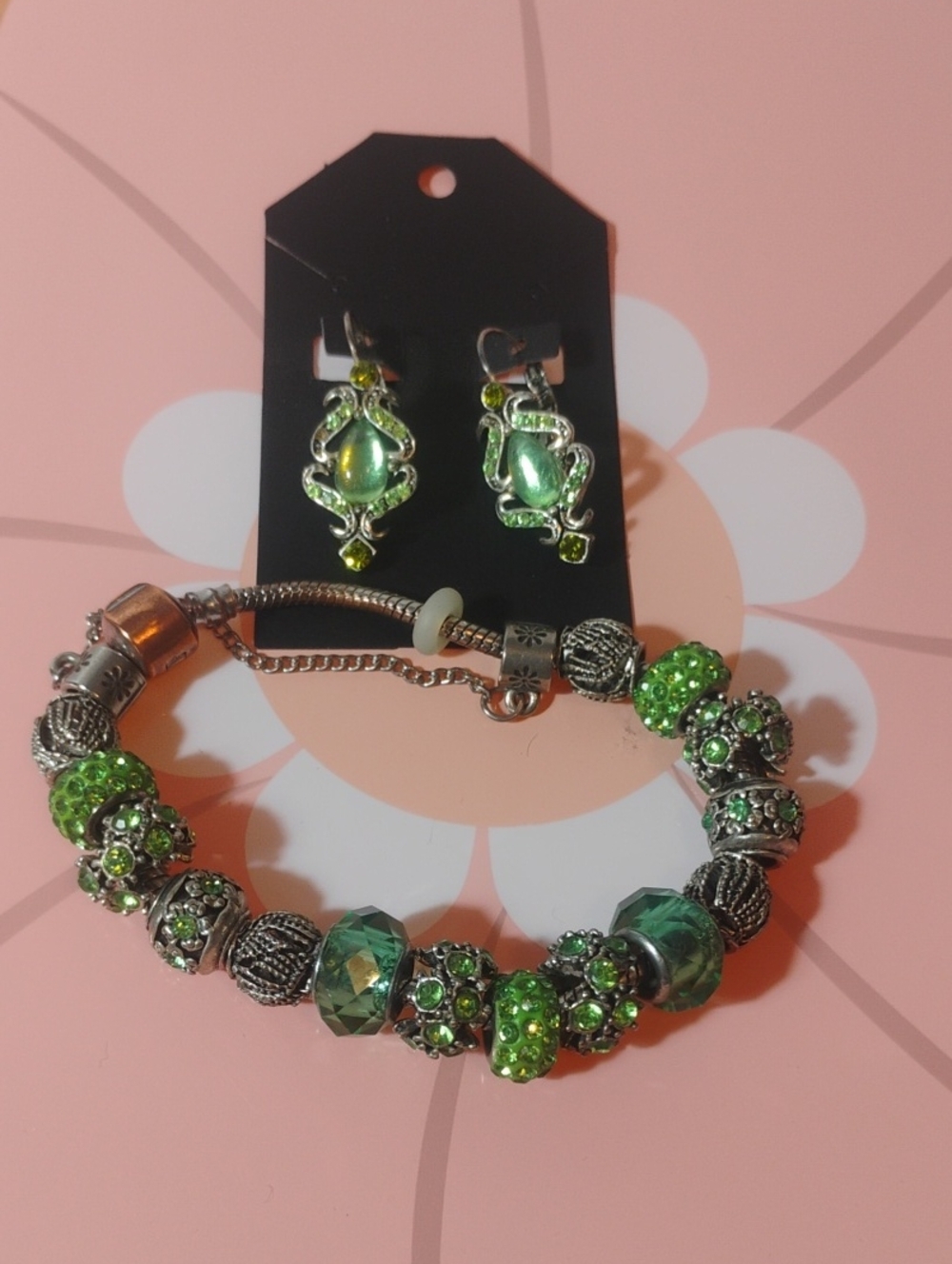 Green Charm Bracelet With Fun Green Crystal Earrings